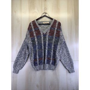 Vtg 80s-The Fox Collection Men Wool Blend V Neck Knit Sweater Pullover Sz L-6538